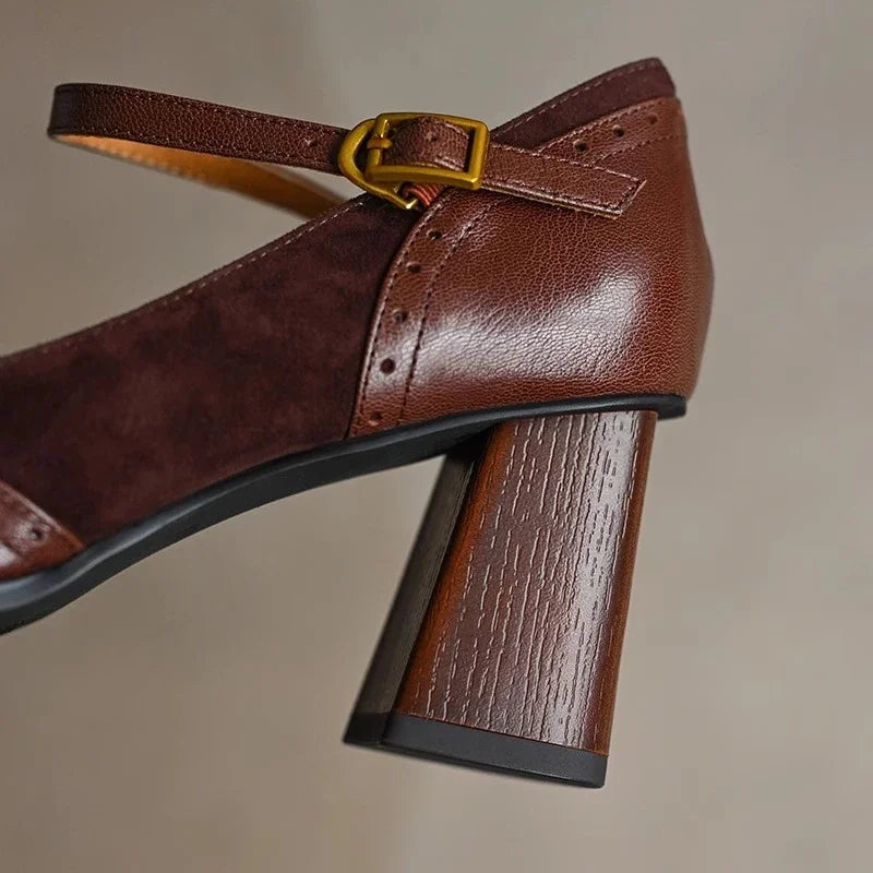 Constance Square Toe Block Heel Pumps Ankle Strap