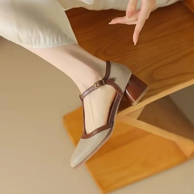 Piper T Strap Heels Square Toe Block Heel Pumps