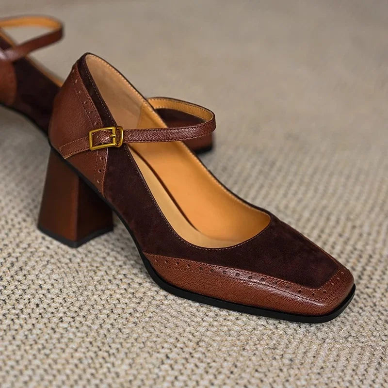 Constance Square Toe Block Heel Pumps Ankle Strap