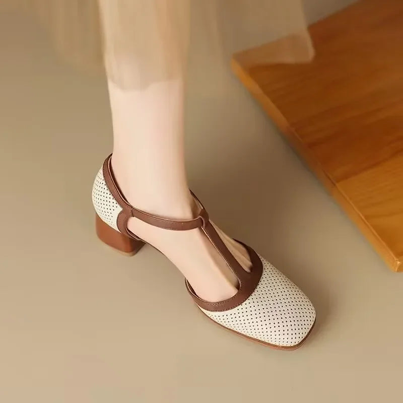 Piper T Strap Heels Square Toe Block Heel Pumps