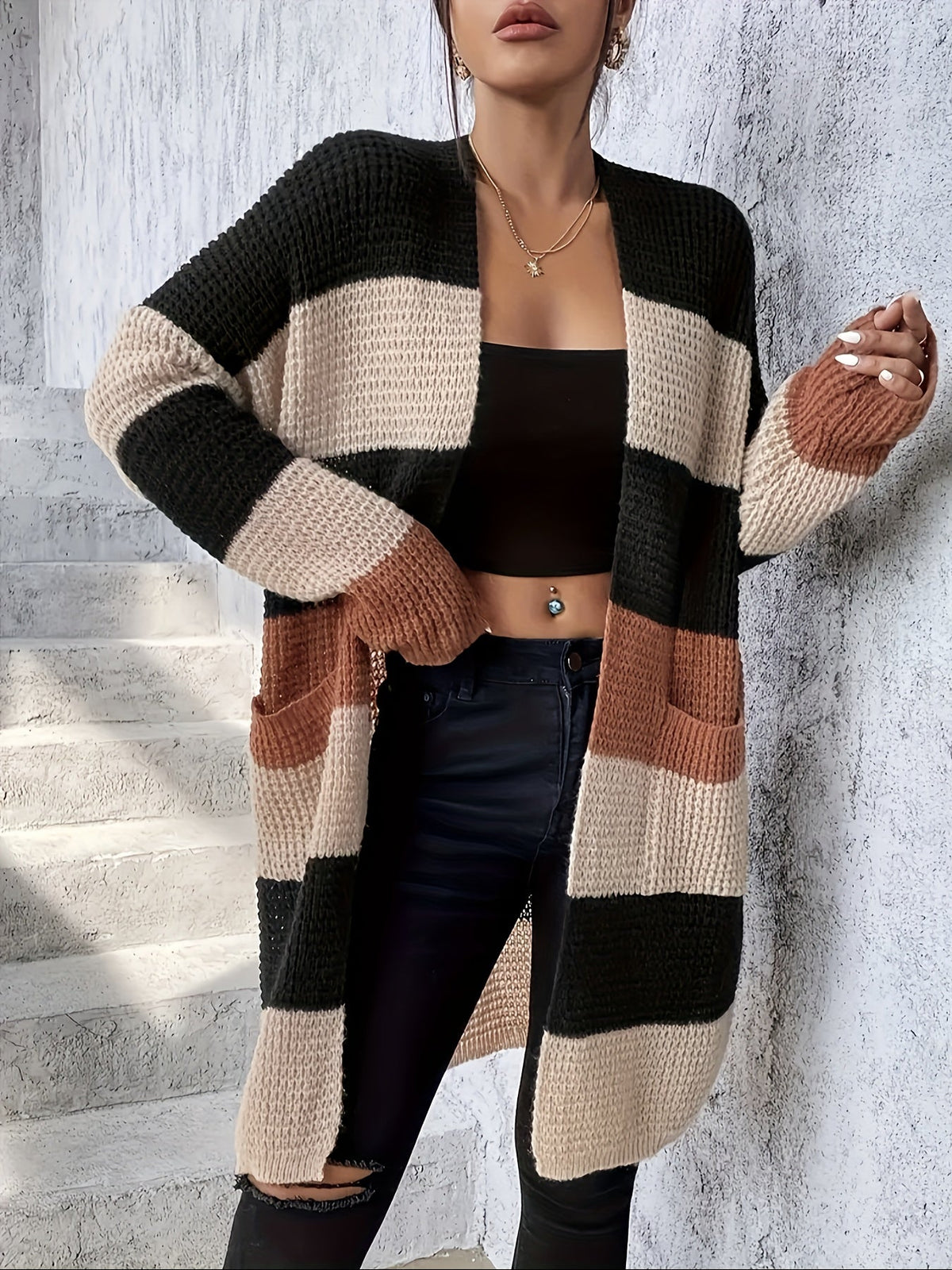 Women's Longline Cardigan, Colorblock Knit Duster, S-2XL