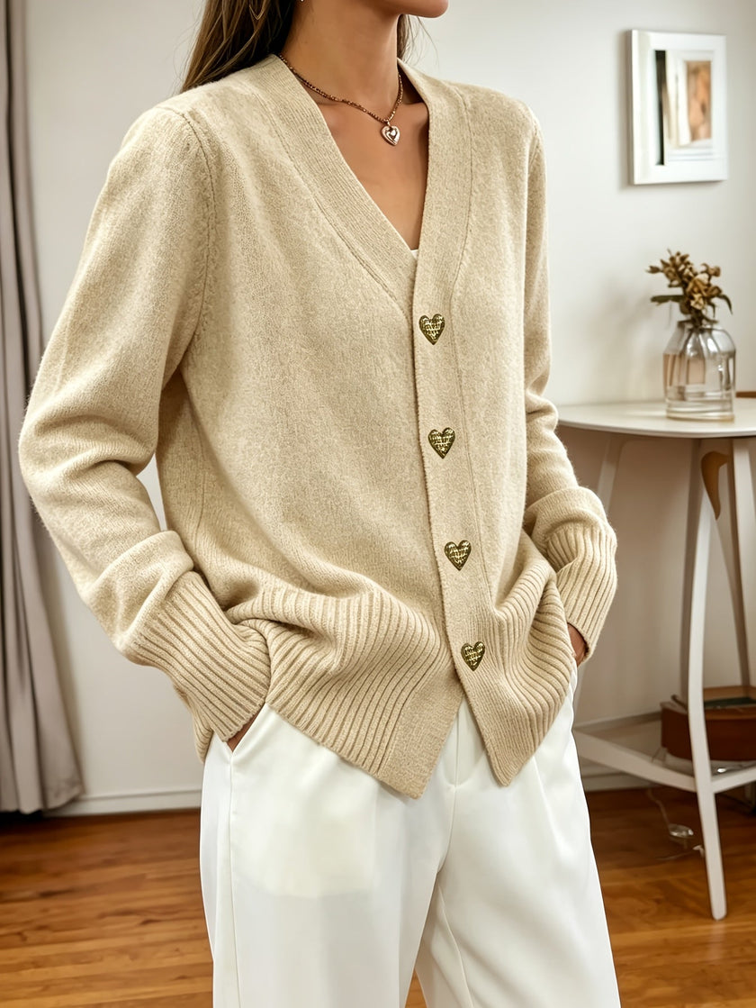 Women's Button Up Cardigan, V Neck Knit Cardigan with Heart Buttons, S-XL