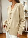Women's Button Up Cardigan, V Neck Knit Cardigan with Heart Buttons, S-XL