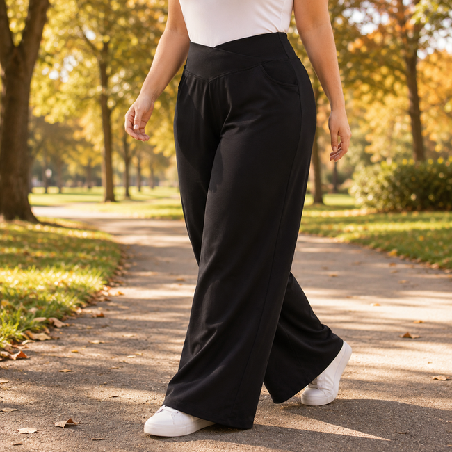 Women's Wide Leg Pants, Crossover High Waist Pull On Trousers, 1X-6X