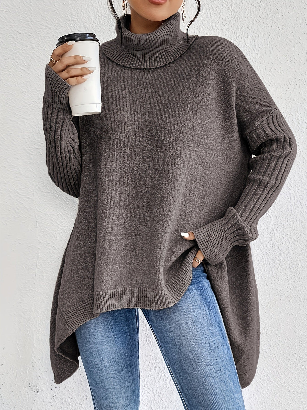Women's Turtleneck Sweater, Relaxed High Neck Knit, S-2XL