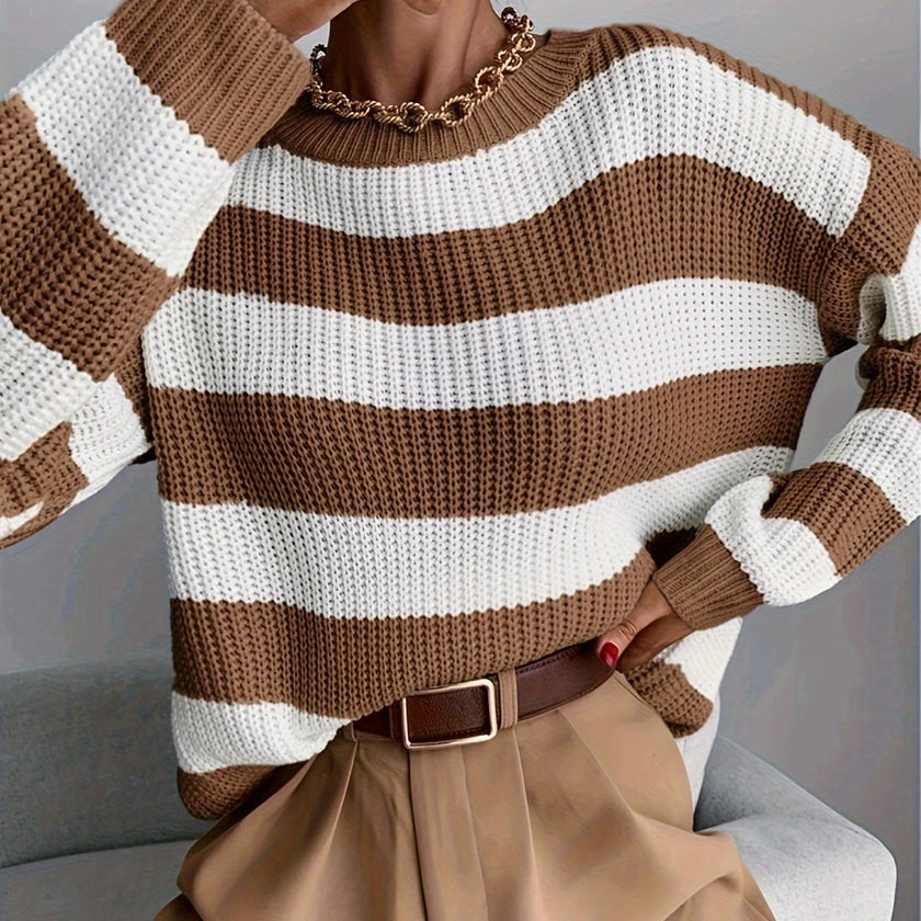 Women's Striped Sweater, Relaxed Drop Shoulder Knit Pullover, S-XL