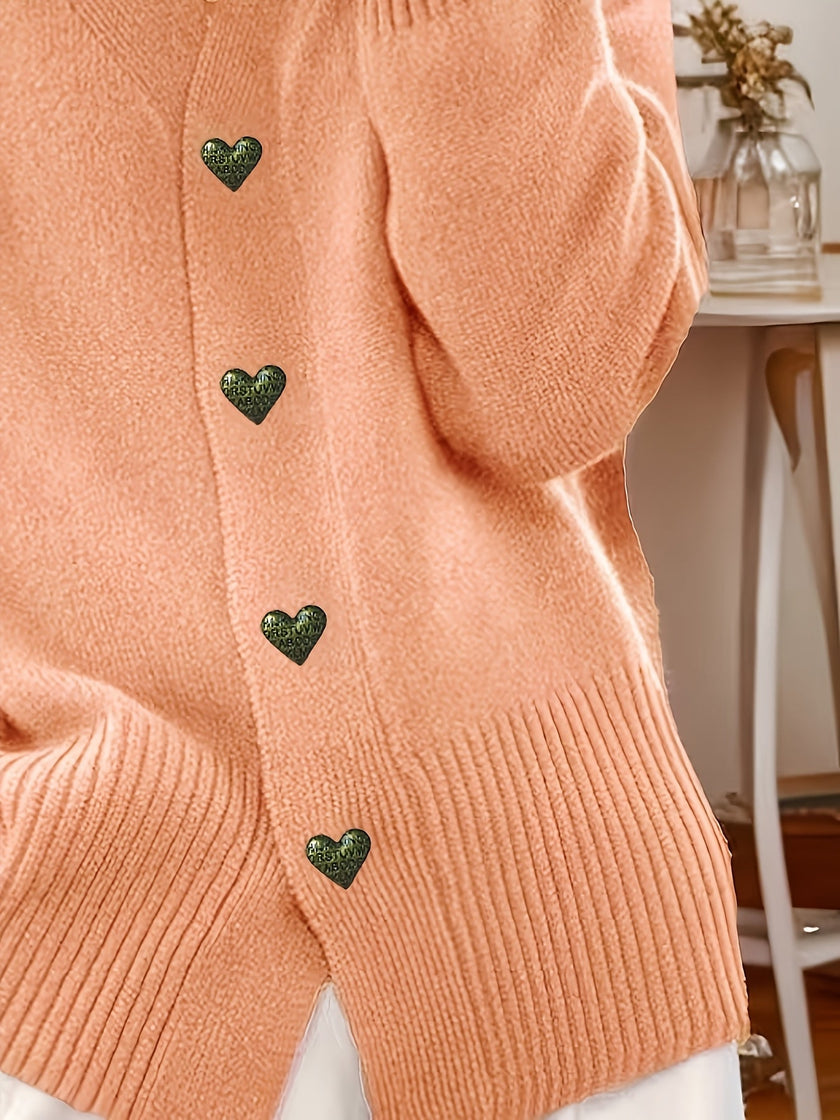 Women's Button Up Cardigan, V Neck Knit Cardigan with Heart Buttons, S-XL