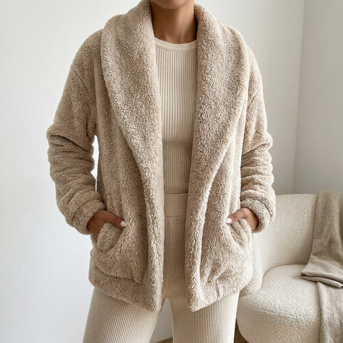 v2 Beige Isadora fluffy cardigan with hands in pockets