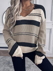 Women's V Neck Sweater, Colorblock Striped Knit Pullover, S-2XL