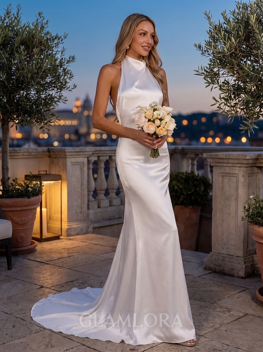 Refined Halter Satin Sheath Wedding Gown with Court Train