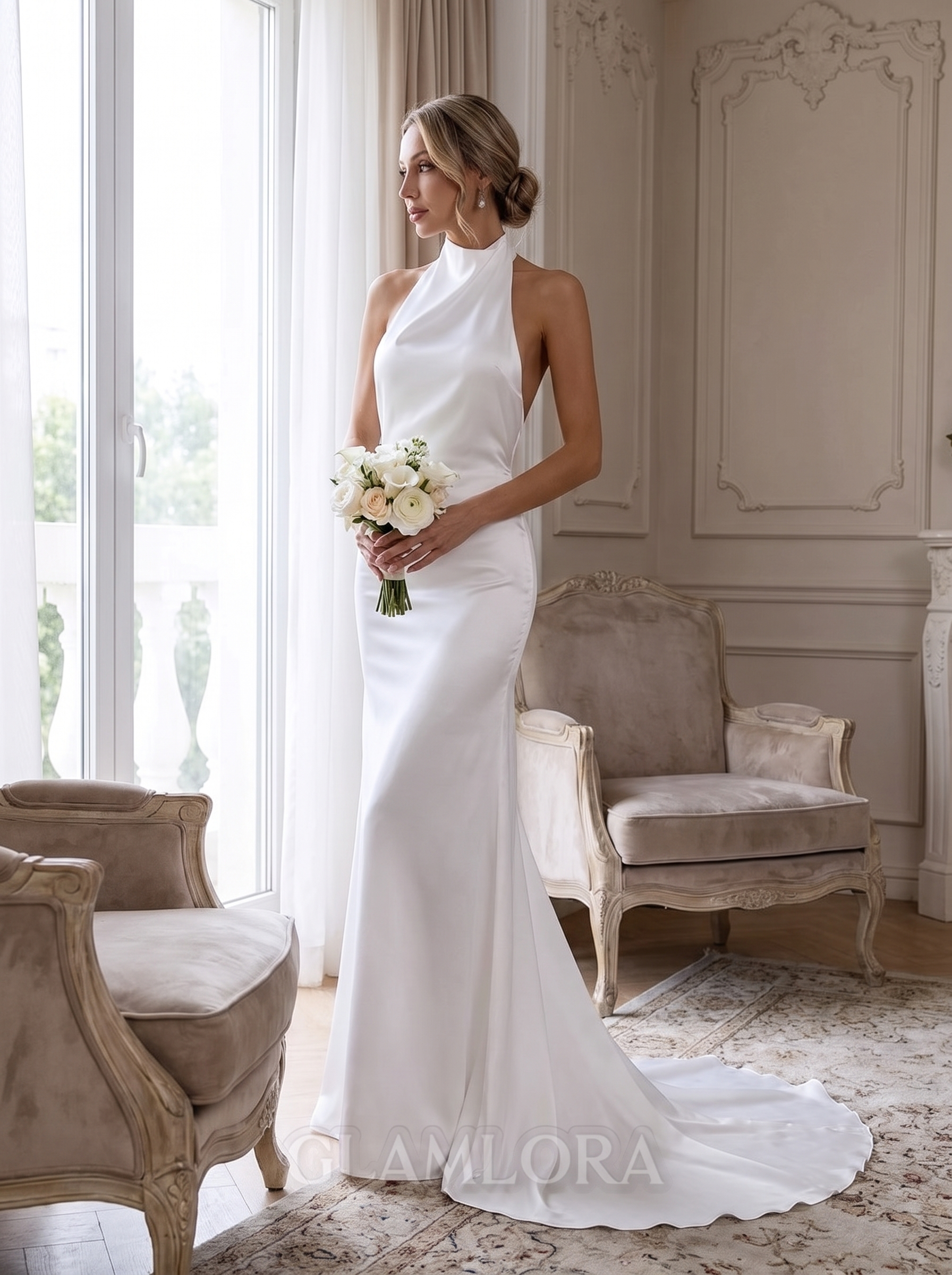 Refined Halter Satin Sheath Wedding Gown with Court Train