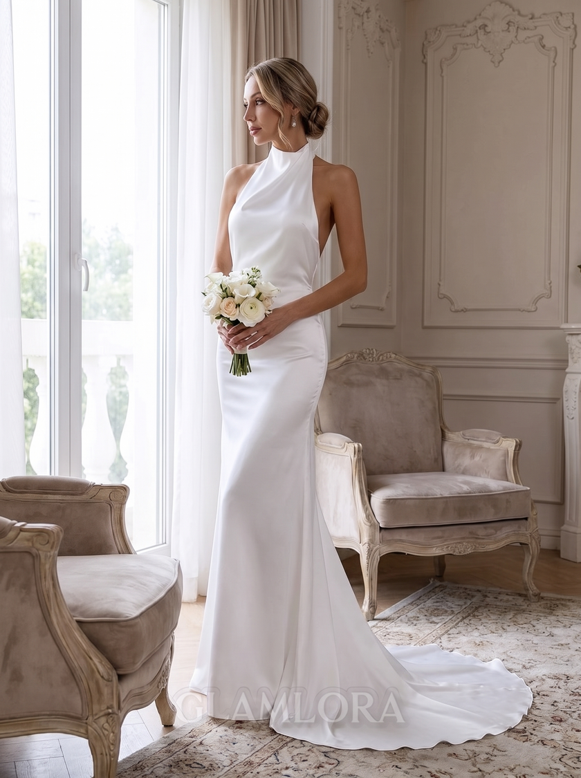 Refined Halter Satin Sheath Wedding Gown with Court Train