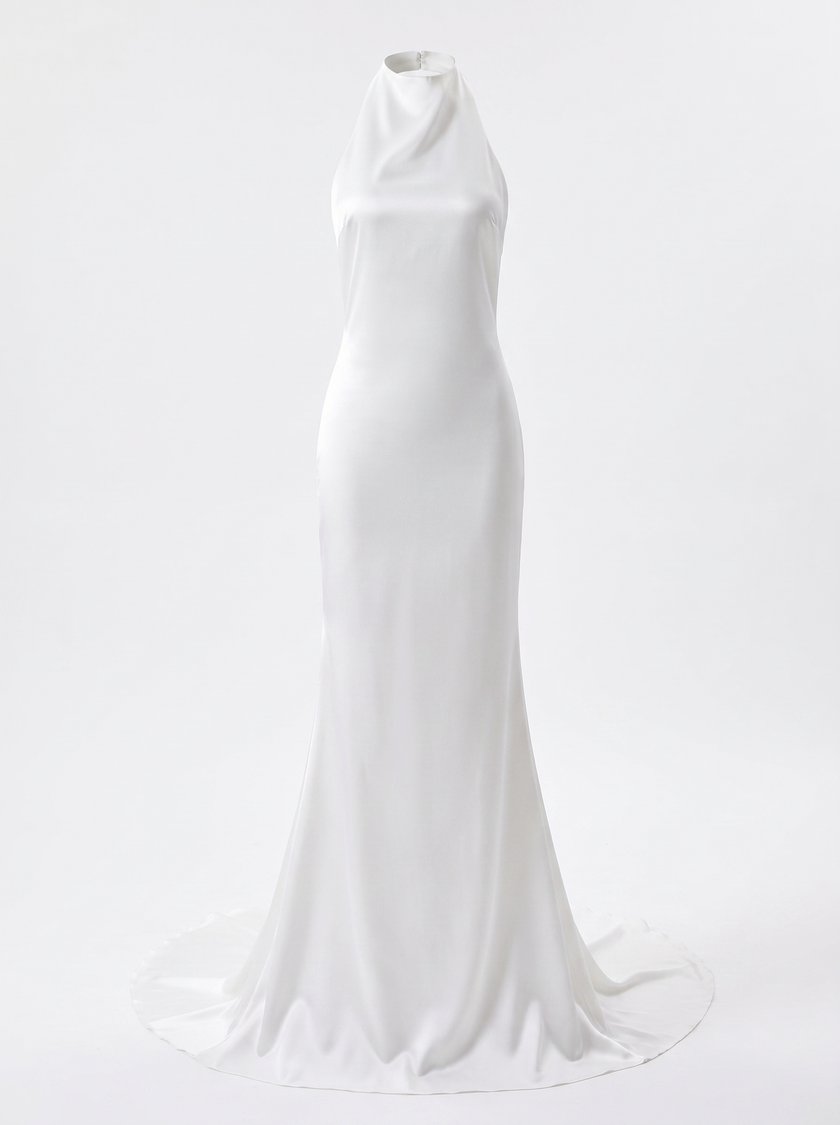 Refined Halter Satin Sheath Wedding Gown with Court Train
