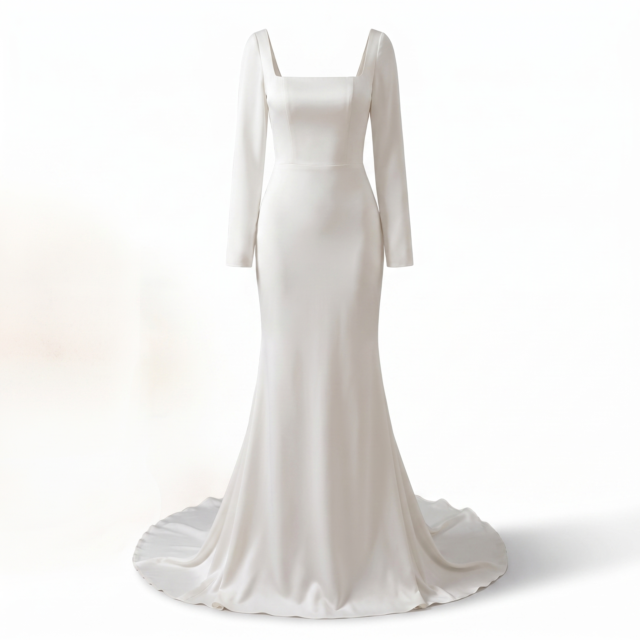 Elegant Square-Neck Charmeuse Sheath Wedding Gown with Long Sleeves