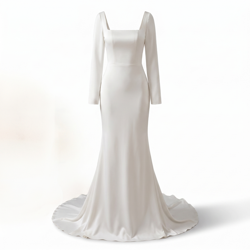Elegant Square-Neck Charmeuse Sheath Wedding Gown with Long Sleeves