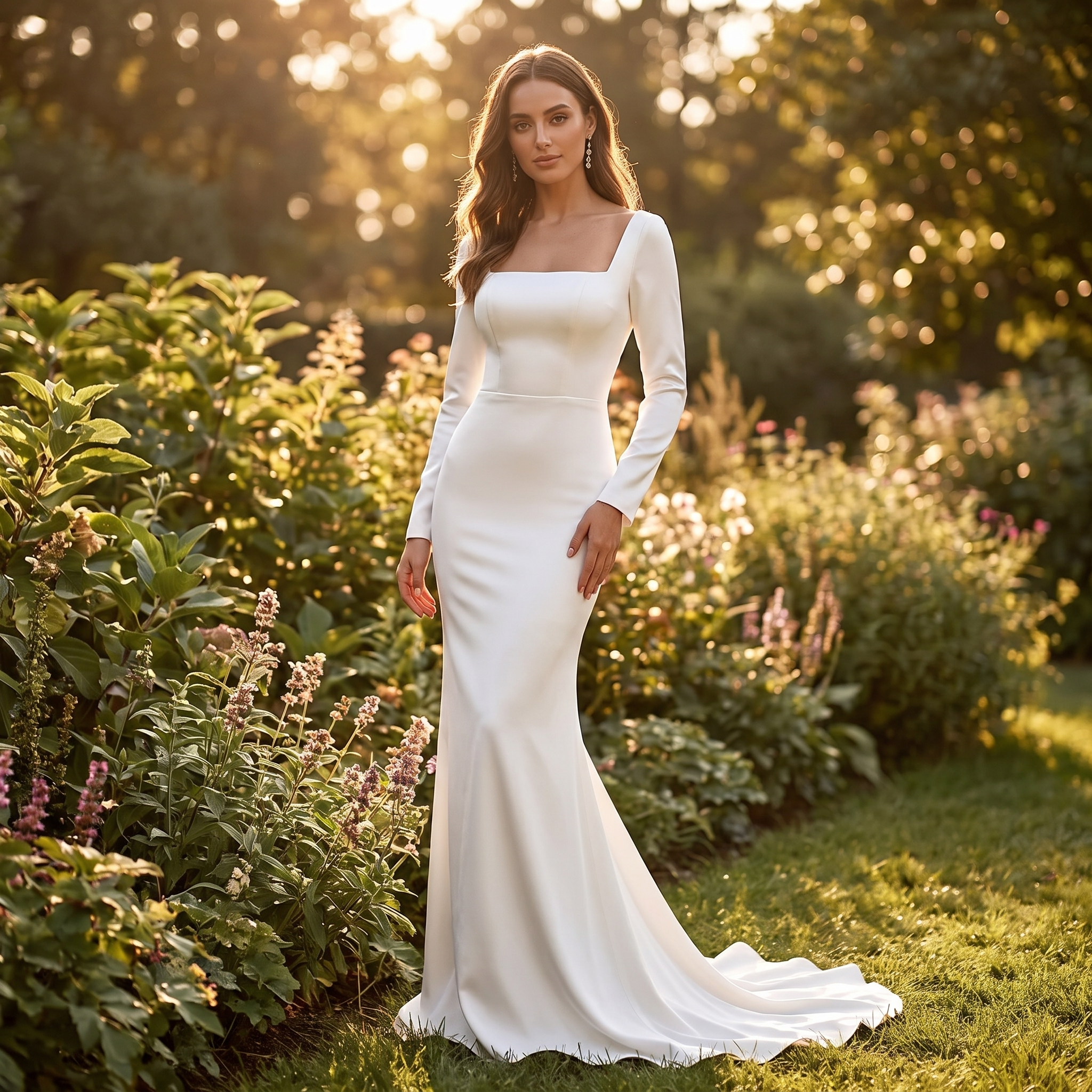 Elegant Square-Neck Charmeuse Sheath Wedding Gown with Long Sleeves