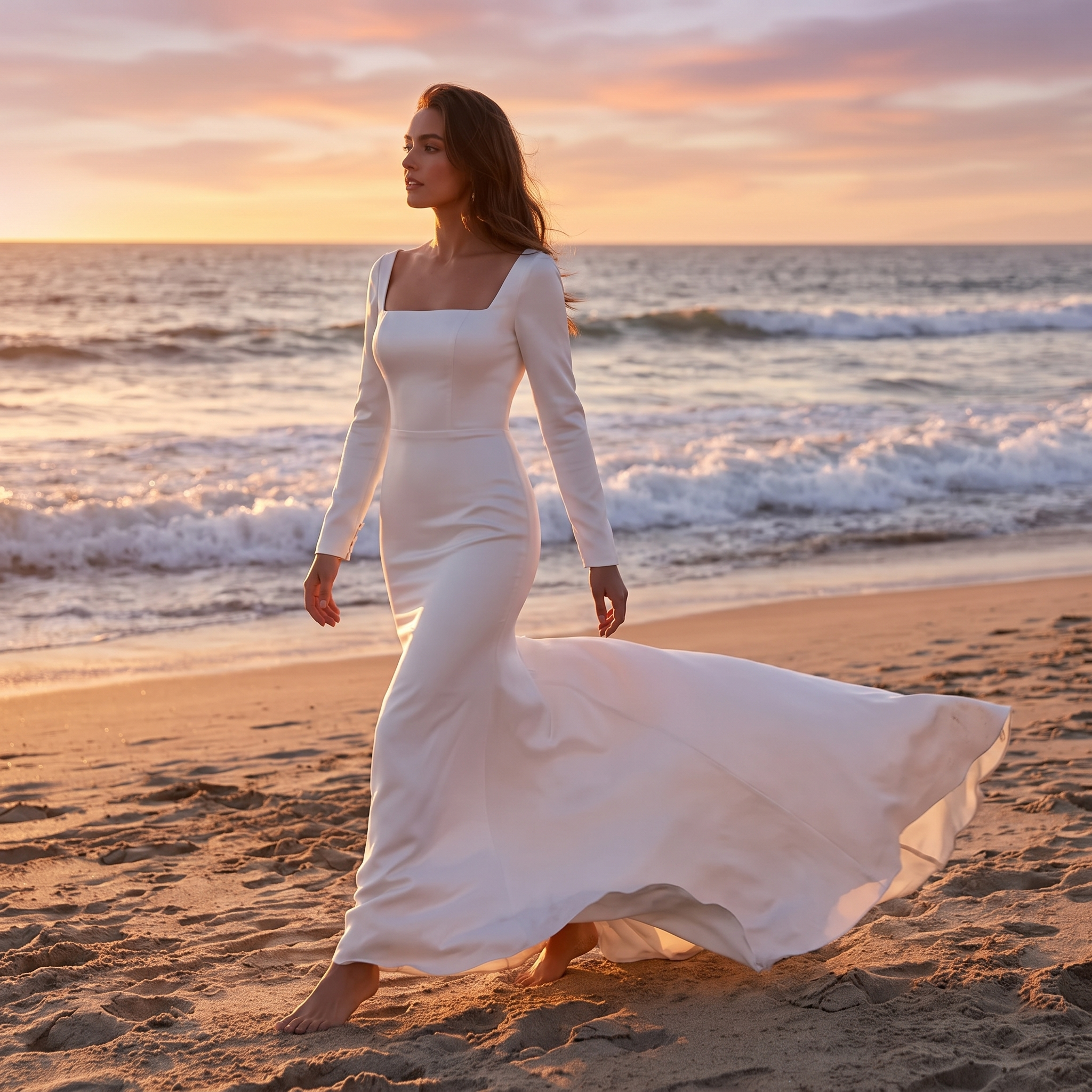Elegant Square-Neck Charmeuse Sheath Wedding Gown with Long Sleeves
