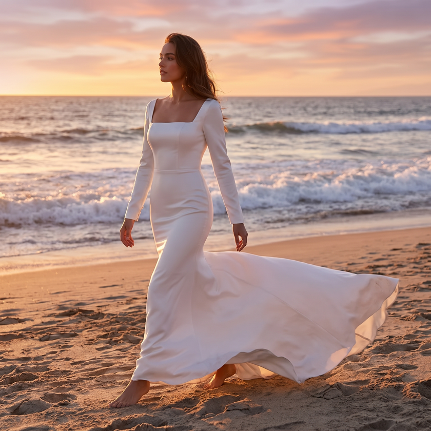 Elegant Square-Neck Charmeuse Sheath Wedding Gown with Long Sleeves