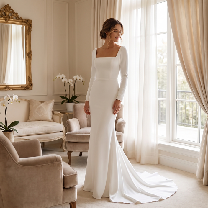Elegant Square-Neck Charmeuse Sheath Wedding Gown with Long Sleeves