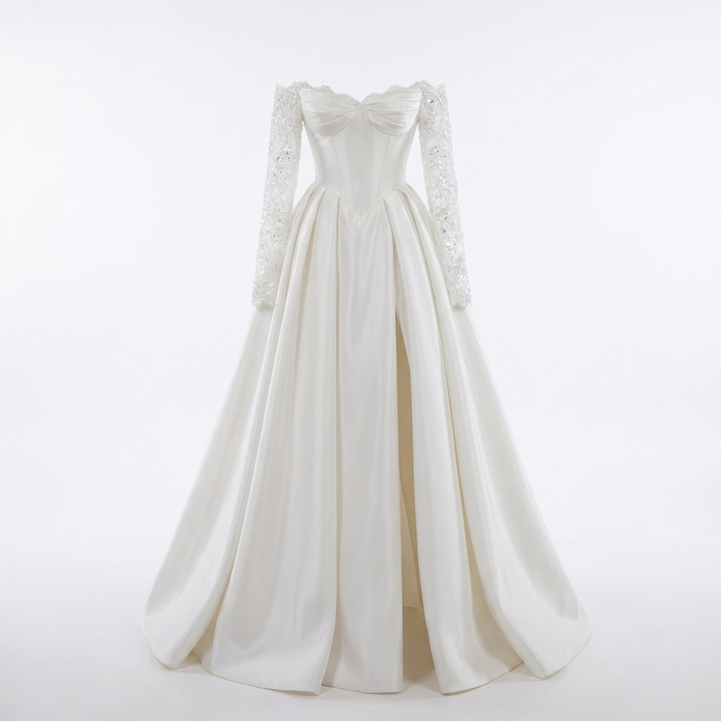 Romantic Off-the-Shoulder Lace-Appliqué A-Line Corset Wedding Gown with Long Sleeves