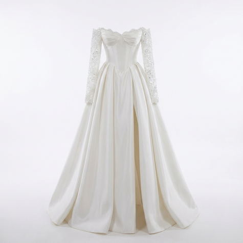Romantic Off-the-Shoulder Lace-Appliqué A-Line Corset Wedding Gown with Long Sleeves