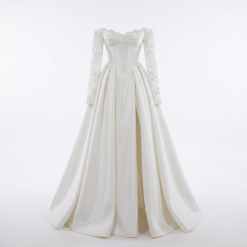 Romantic Off-the-Shoulder Lace-Appliqué A-Line Corset Wedding Gown with Long Sleeves