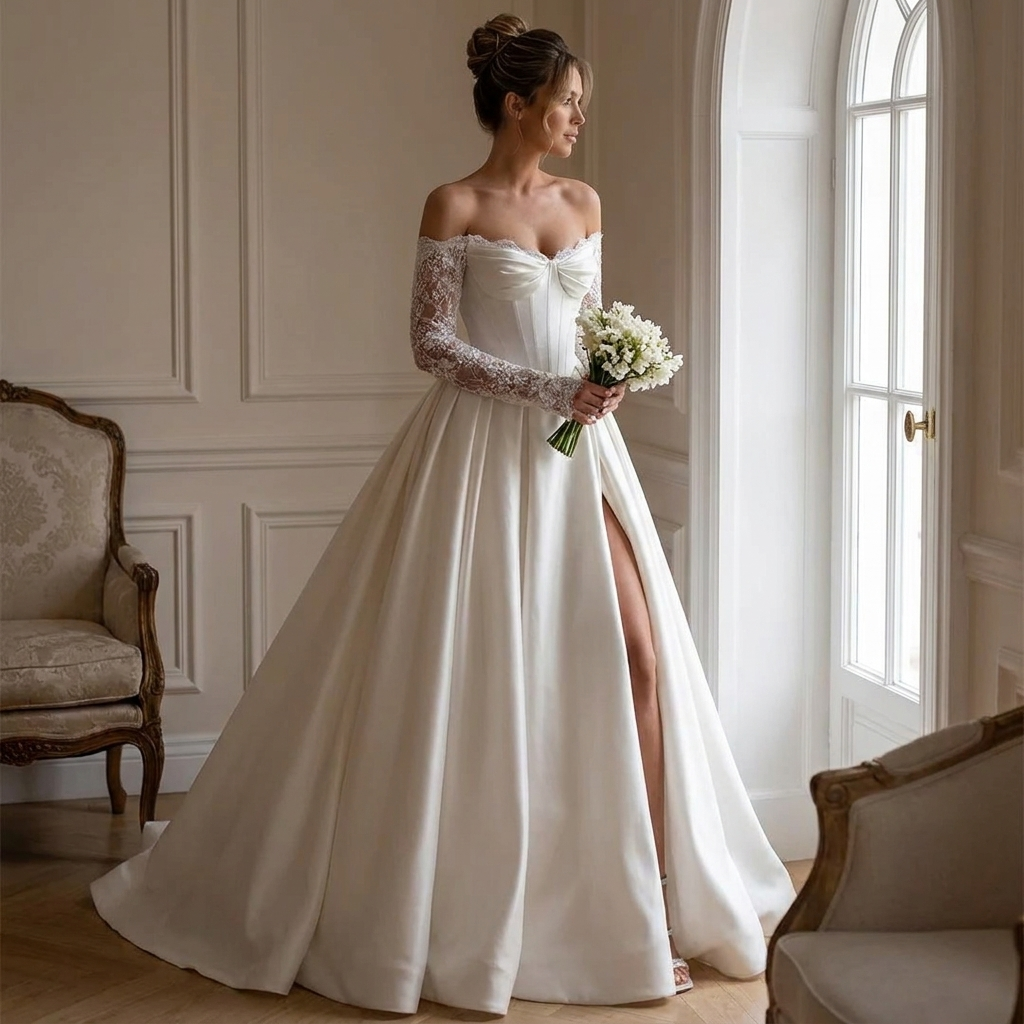 Romantic Off-the-Shoulder Lace-Appliqué A-Line Corset Wedding Gown with Long Sleeves