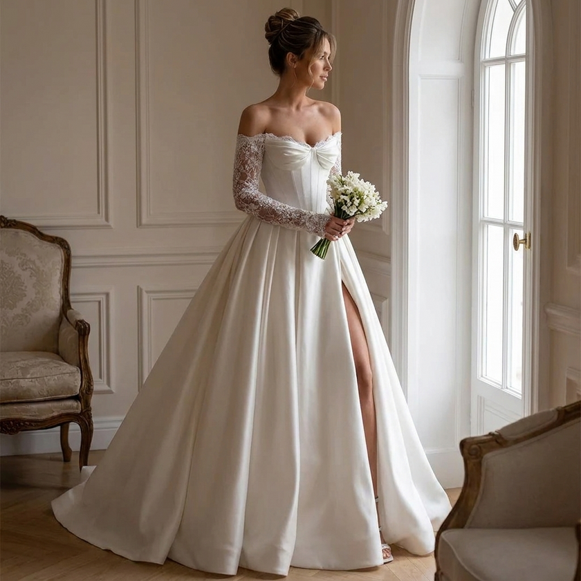 Romantic Off-the-Shoulder Lace-Appliqué A-Line Corset Wedding Gown with Long Sleeves