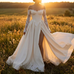 Romantic Off-the-Shoulder Lace-Appliqué A-Line Corset Wedding Gown with Long Sleeves