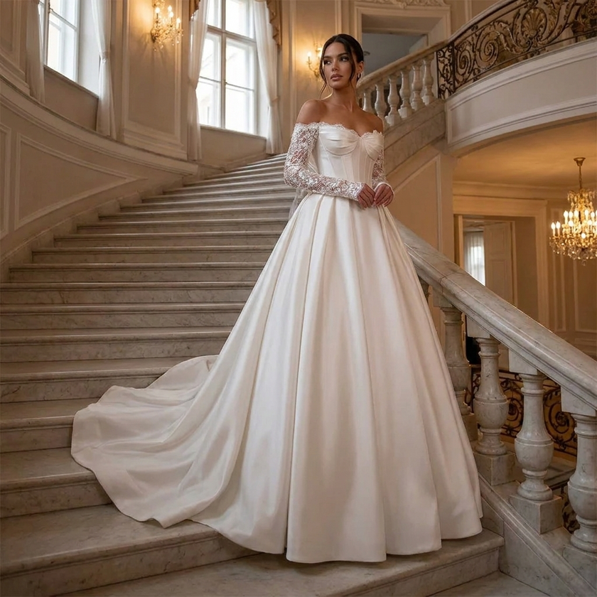 Romantic Off-the-Shoulder Lace-Appliqué A-Line Corset Wedding Gown with Long Sleeves