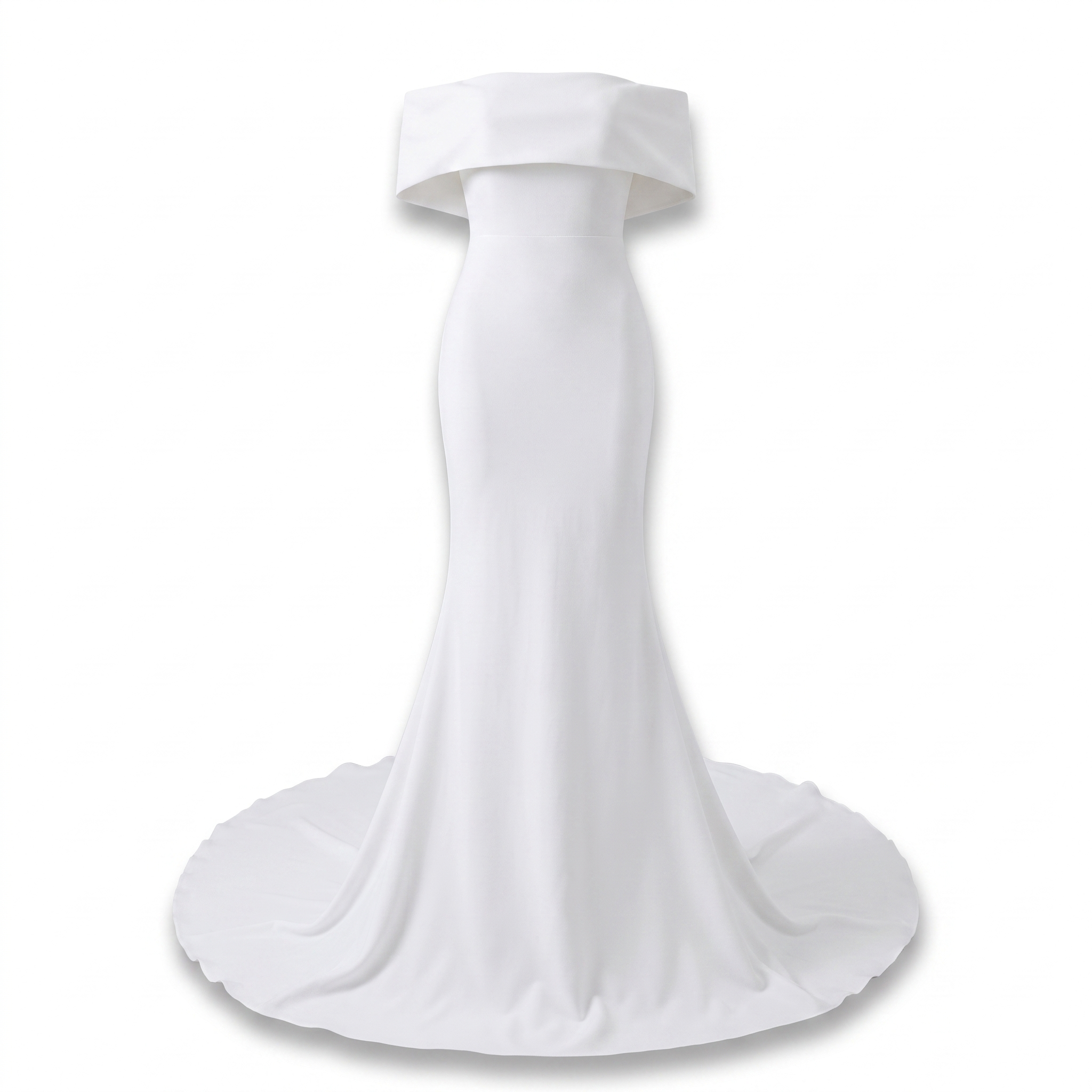 Modern Off-the-Shoulder Stretch Crepe Sheath Wedding Gown with Cathedral Train