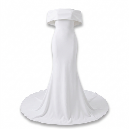 Modern Off-the-Shoulder Stretch Crepe Sheath Wedding Gown with Cathedral Train