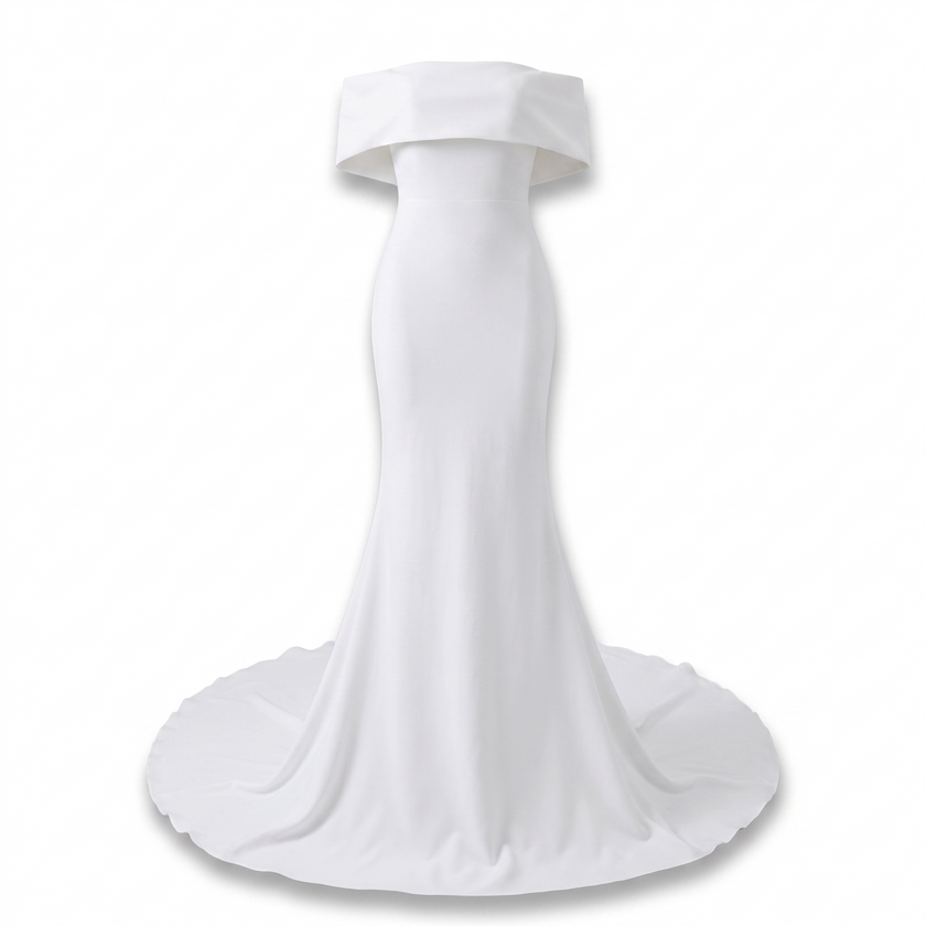 Modern Off-the-Shoulder Stretch Crepe Sheath Wedding Gown with Cathedral Train