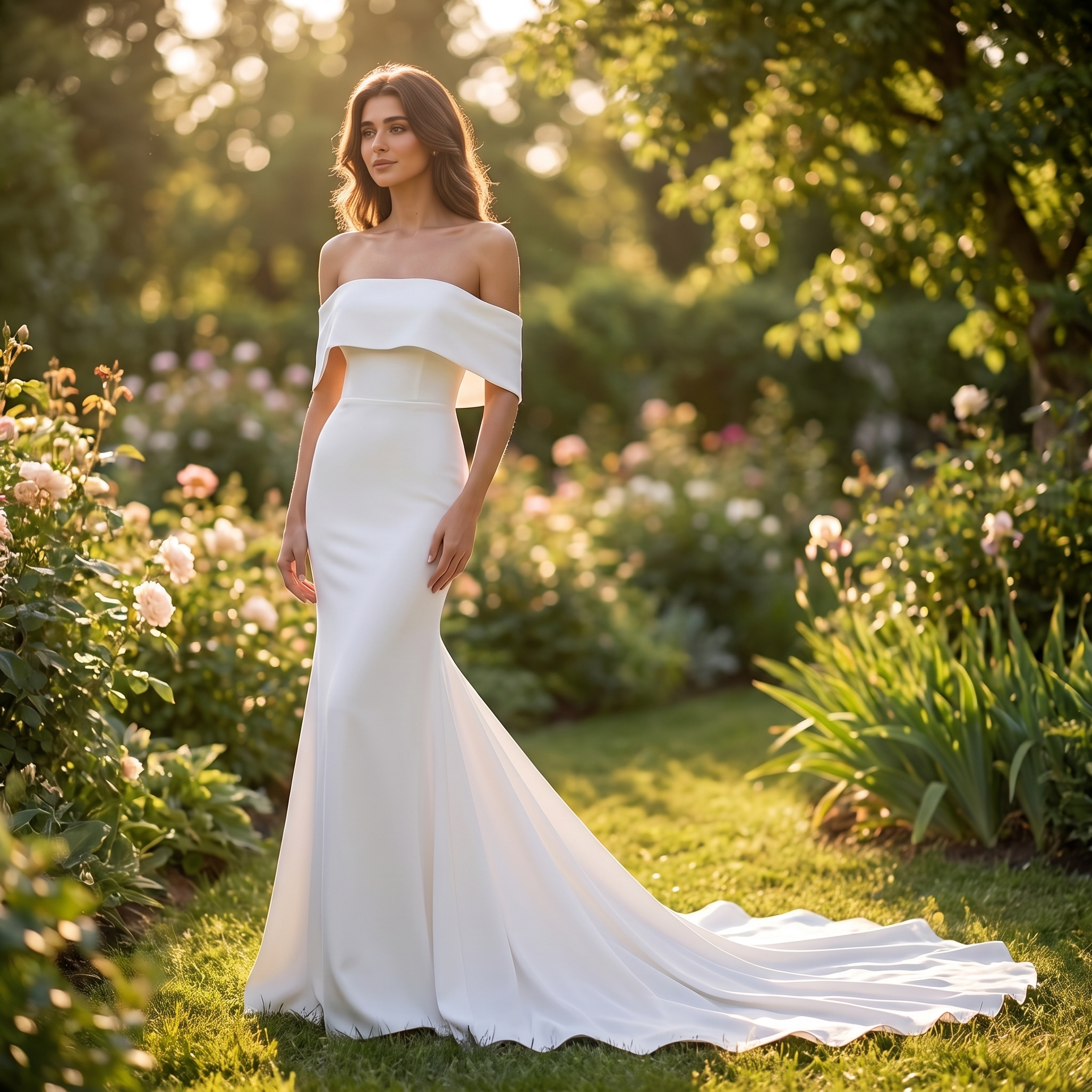 Modern Off-the-Shoulder Stretch Crepe Sheath Wedding Gown with Cathedral Train