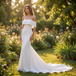 Modern Off-the-Shoulder Stretch Crepe Sheath Wedding Gown with Cathedral Train