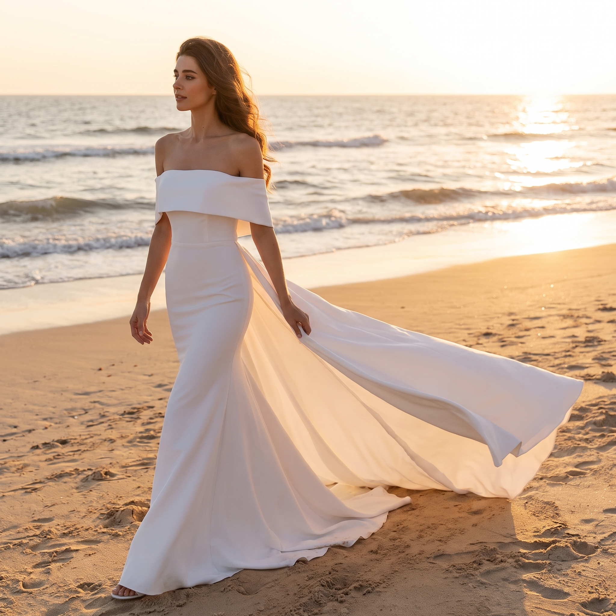 Modern Off-the-Shoulder Stretch Crepe Sheath Wedding Gown with Cathedral Train