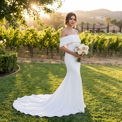 Modern Off-the-Shoulder Stretch Crepe Sheath Wedding Gown with Cathedral Train