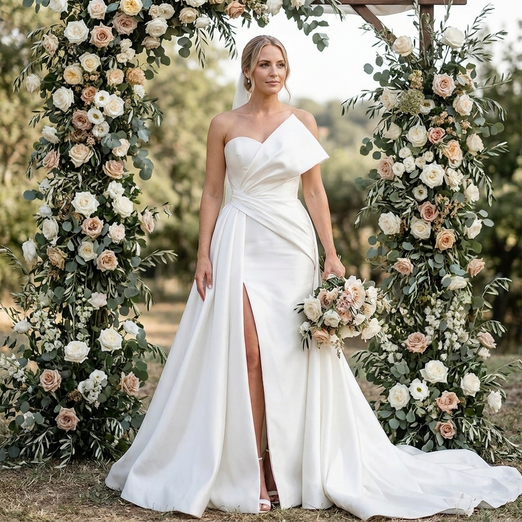 Glam Sweetheart Satin Column Wedding Gown with Front Slit