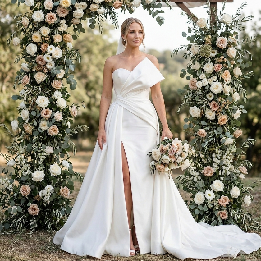 Glam Sweetheart Satin Column Wedding Gown with Front Slit