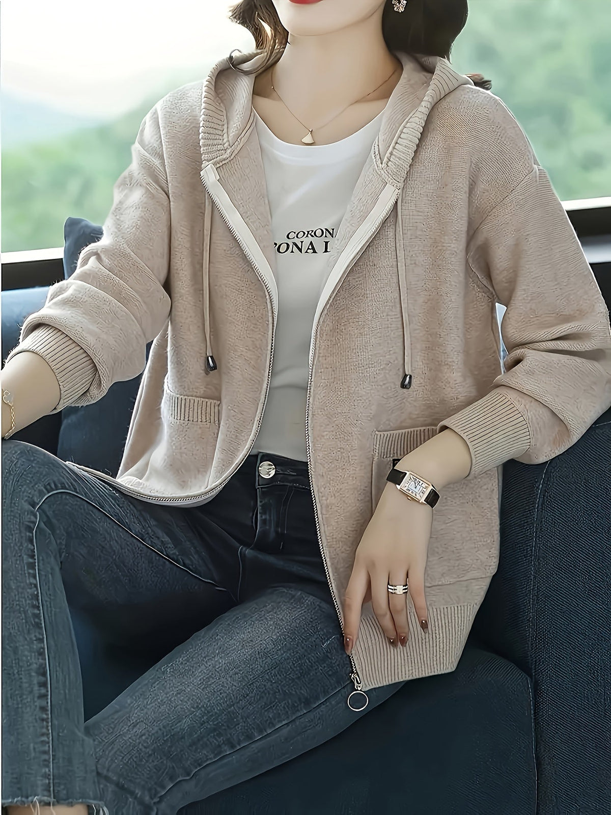 Women's Zip Up Hooded Cardigan, Lightweight Knit Hoodie with Pockets, S-L