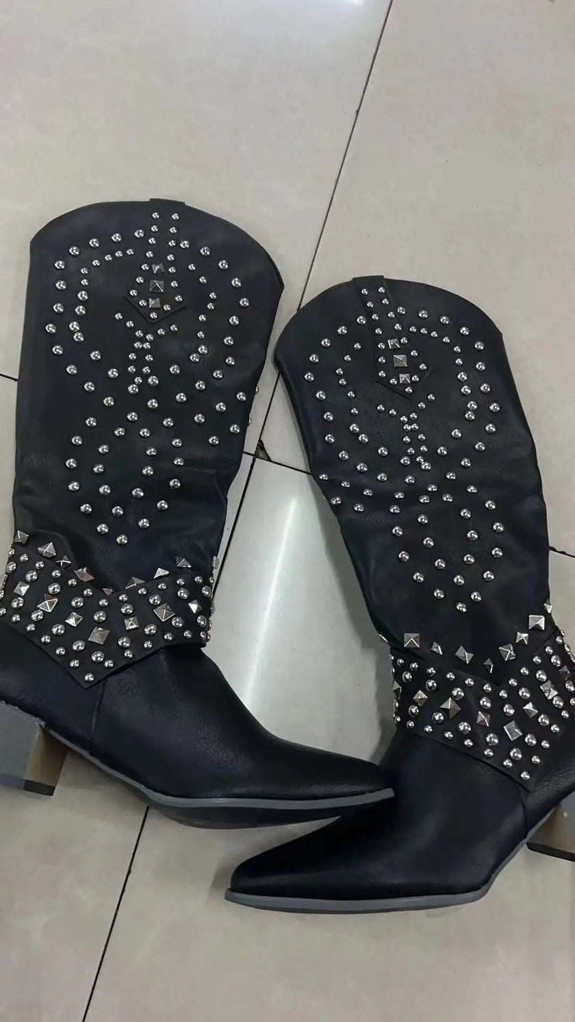Riloh Knee High Boots Pointed Toe Block Heel