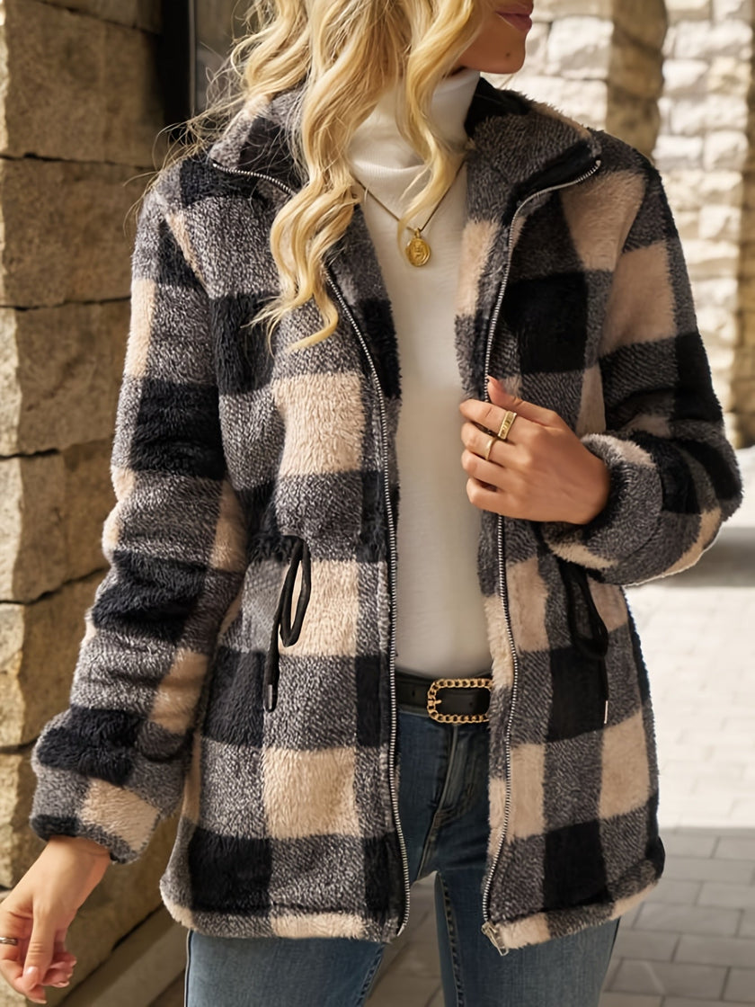 Women's Hooded Fleece Jacket, Plush Checked Zip Up Jacket with Pockets, S-XL