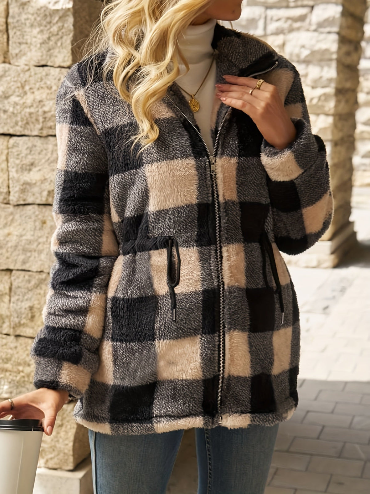 Women's Hooded Fleece Jacket, Plush Checked Zip Up Jacket with Pockets, S-XL