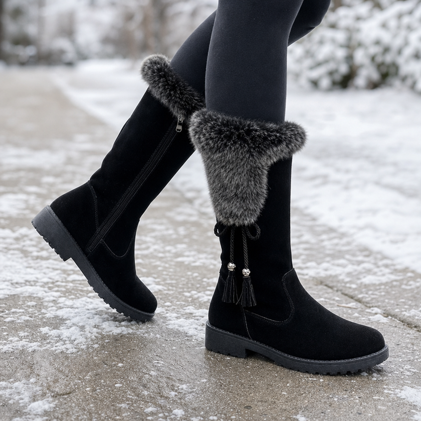 black fur boots for women, fleece lined mid calf winter boots
