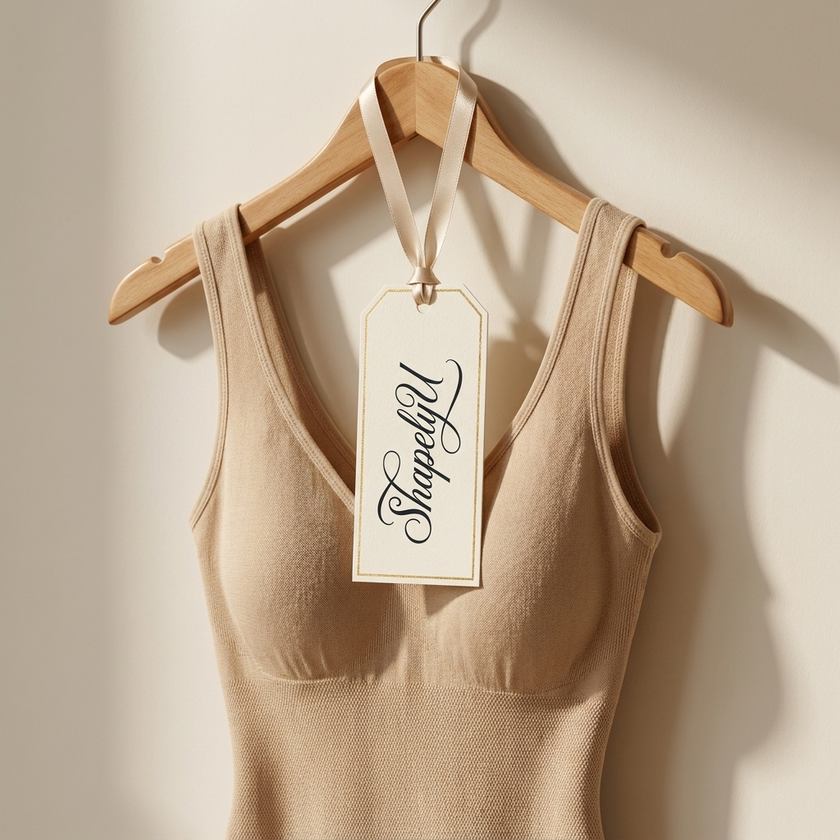 ShapelyU hang tag with gold foil edge on a shapewear bodysuit on a wooden hanger