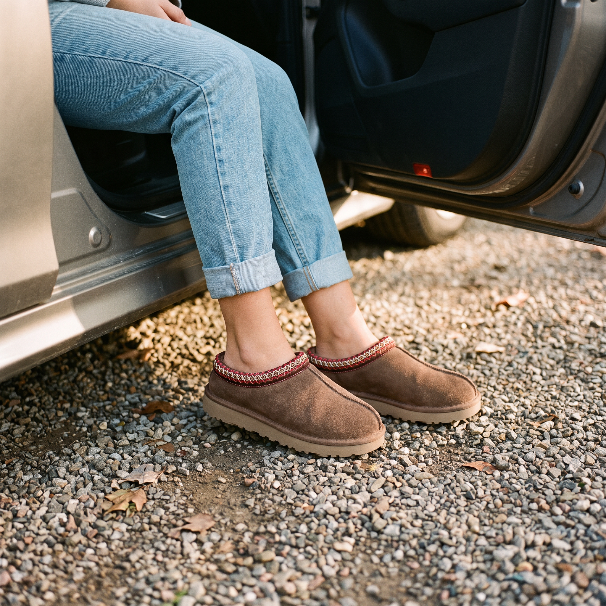 Women's brown suede slipper clogs worn stepping out of a car onto a gravel driveway