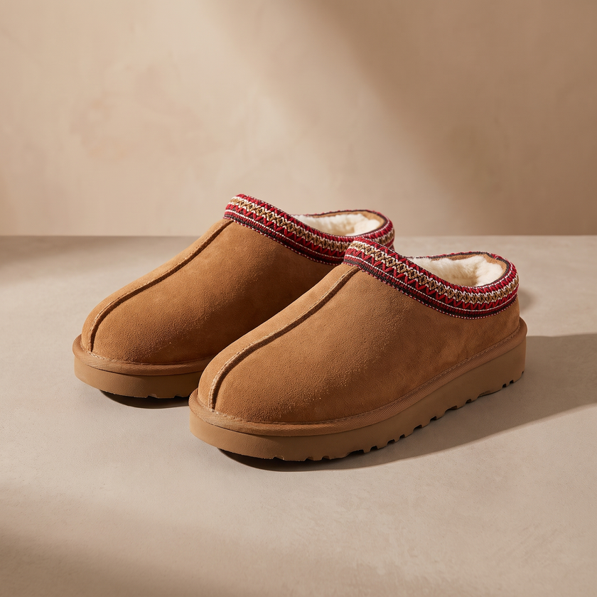 Brown suede slipper clogs pair shown on a warm neutral surface