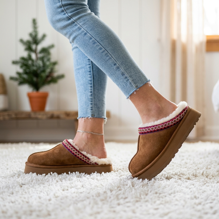 Women's Suede Slipper Clogs – Faux Fur Lined Slip On House Shoes, Platform Winter Mules with Thick Rubber Sole