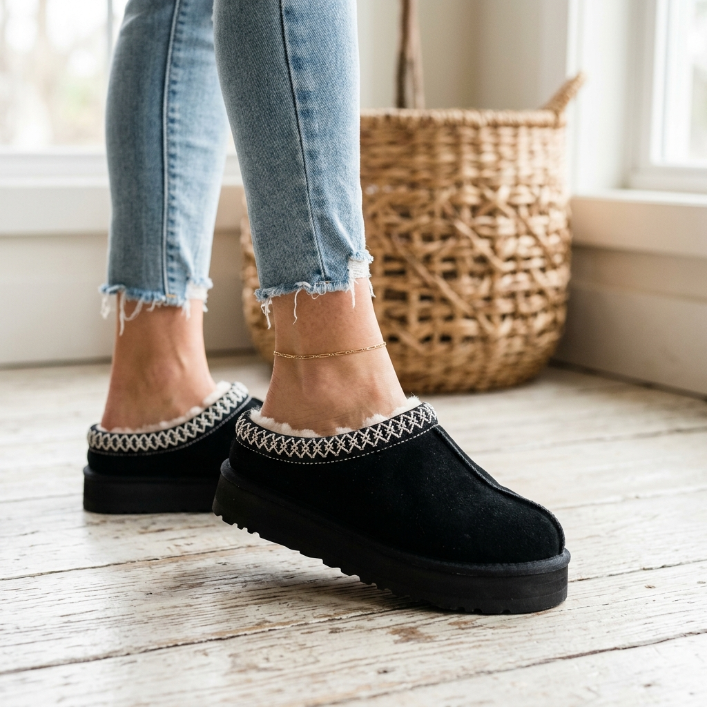 Black suede slipper clogs with faux fur lining, worn