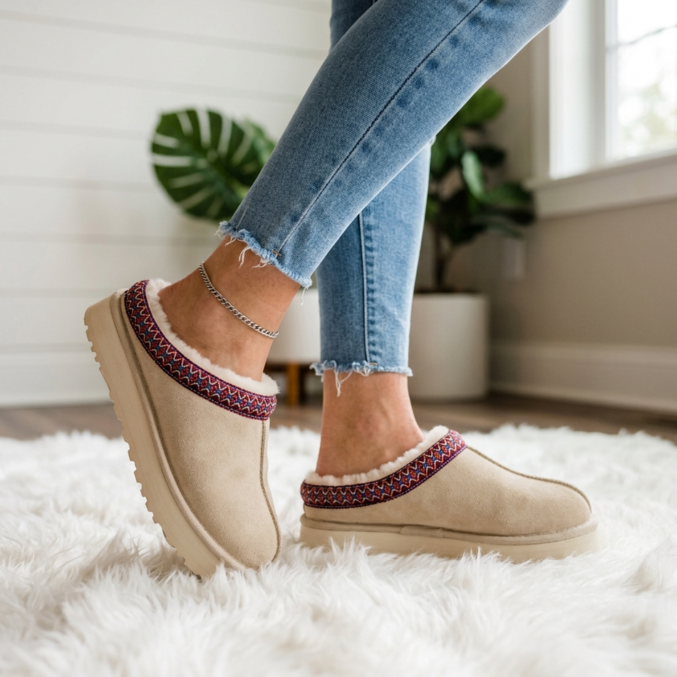 Beige sand suede slipper clogs with faux fur lining, worn